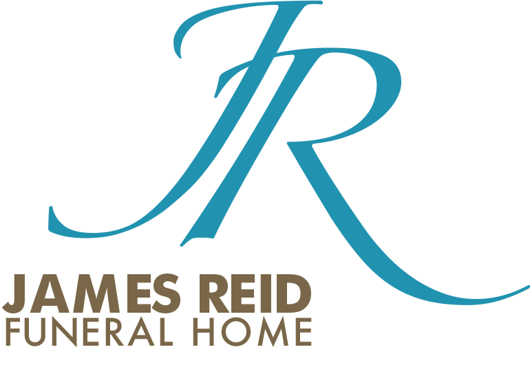 Big blue letters: JR with smaller brown test stating: James Reid Funeral Home