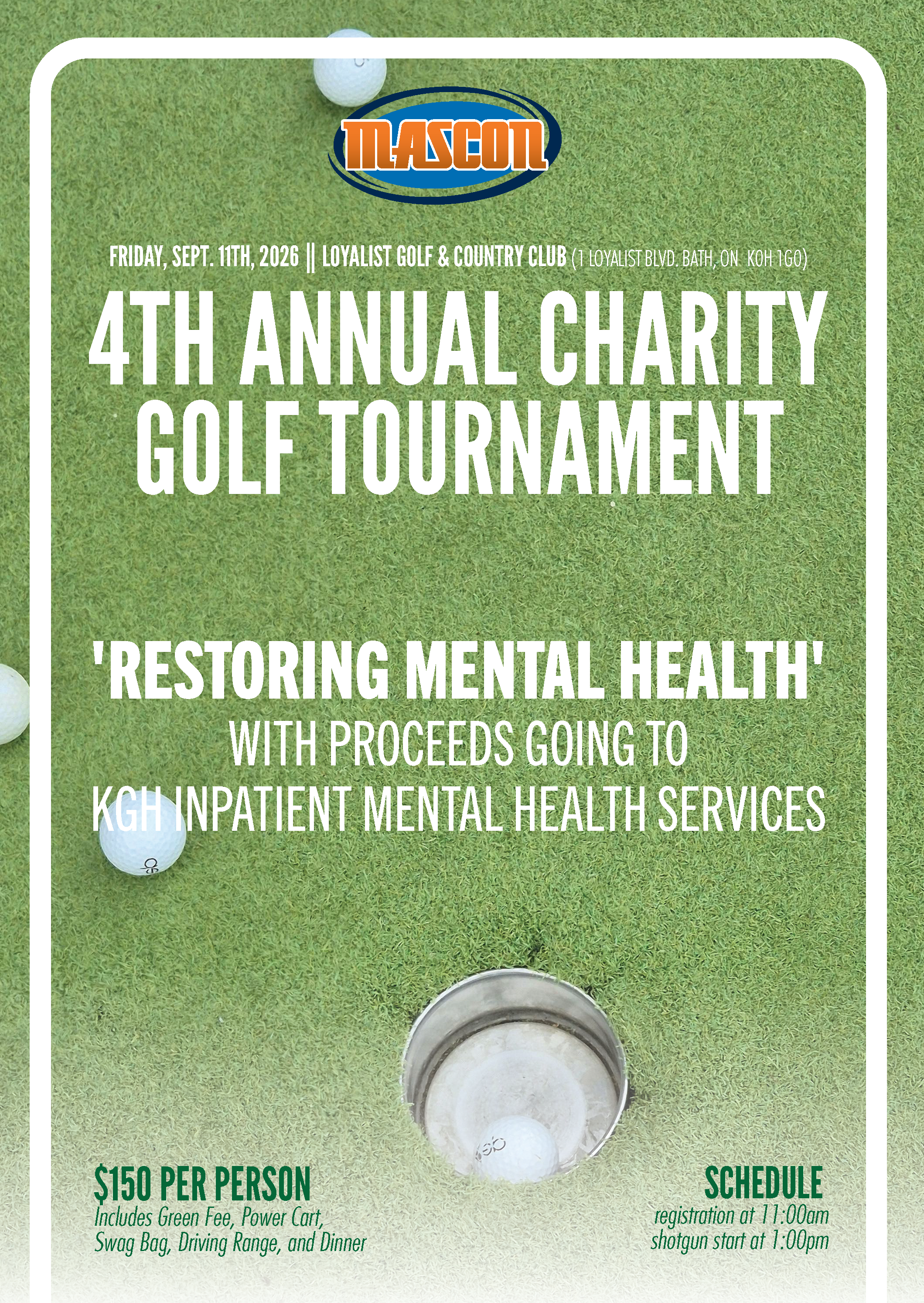 Poster for the upcoming 4th Annual Charity Golf Tournament hosted by Mason with dates and times.