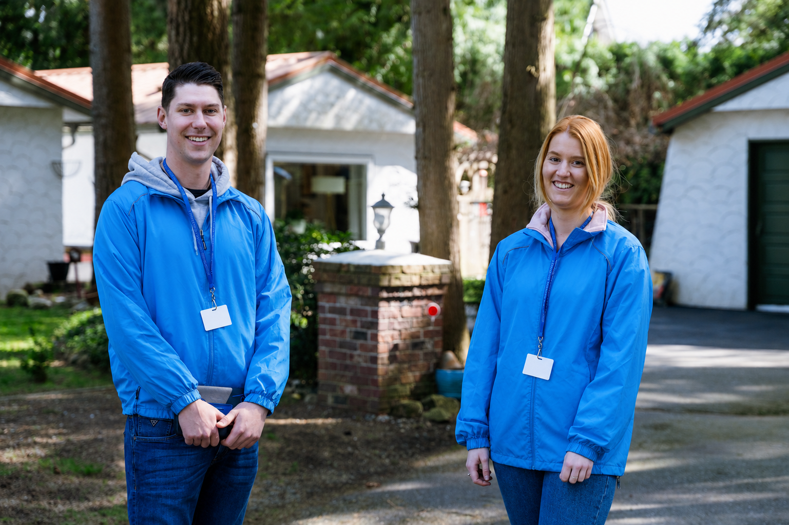 Canvassers in blue jackets and lanyards smiling.