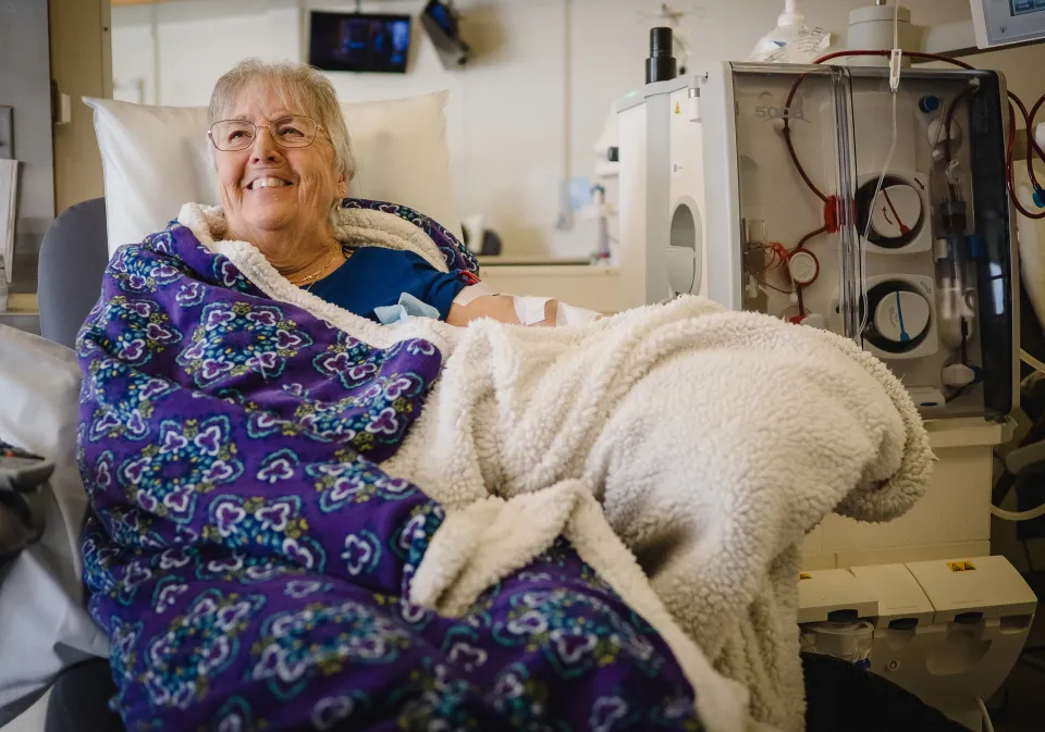 Patient Barb Brown sitting in a dialysis chair