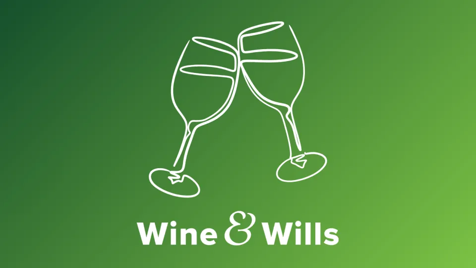 Graphic of cartoon wine glasses with the text: Wine & Wills.