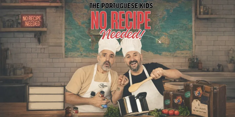 The Portuguese Kids - No Recipe Needed promotional image of performers in a kitchen.