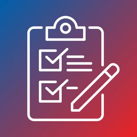 Survey icon on a red and blue gradient background.