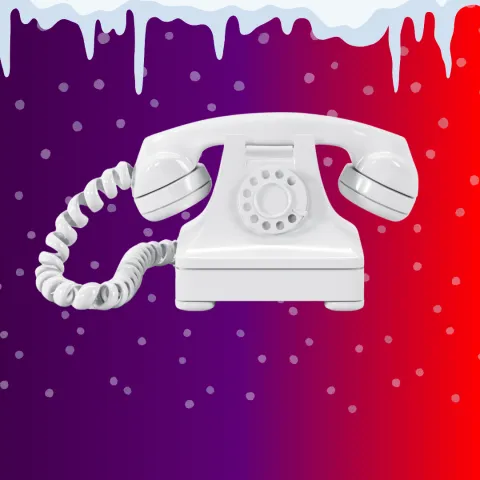 Image of a white telephone on a purple and red background.