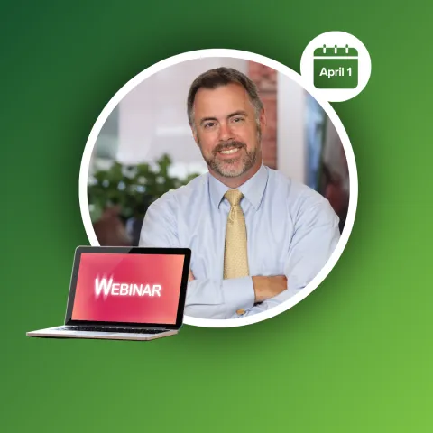 Image of speaker Rick Tomalty in a circular frame, next to a laptop with the screen stating 'webinar'.