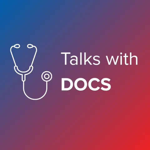 Stethoscope icon with text stating: Talks with Docs