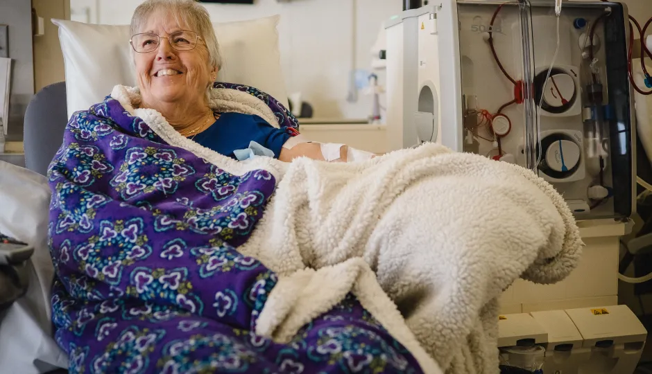 Patient Barb Brown sitting in a dialysis chair