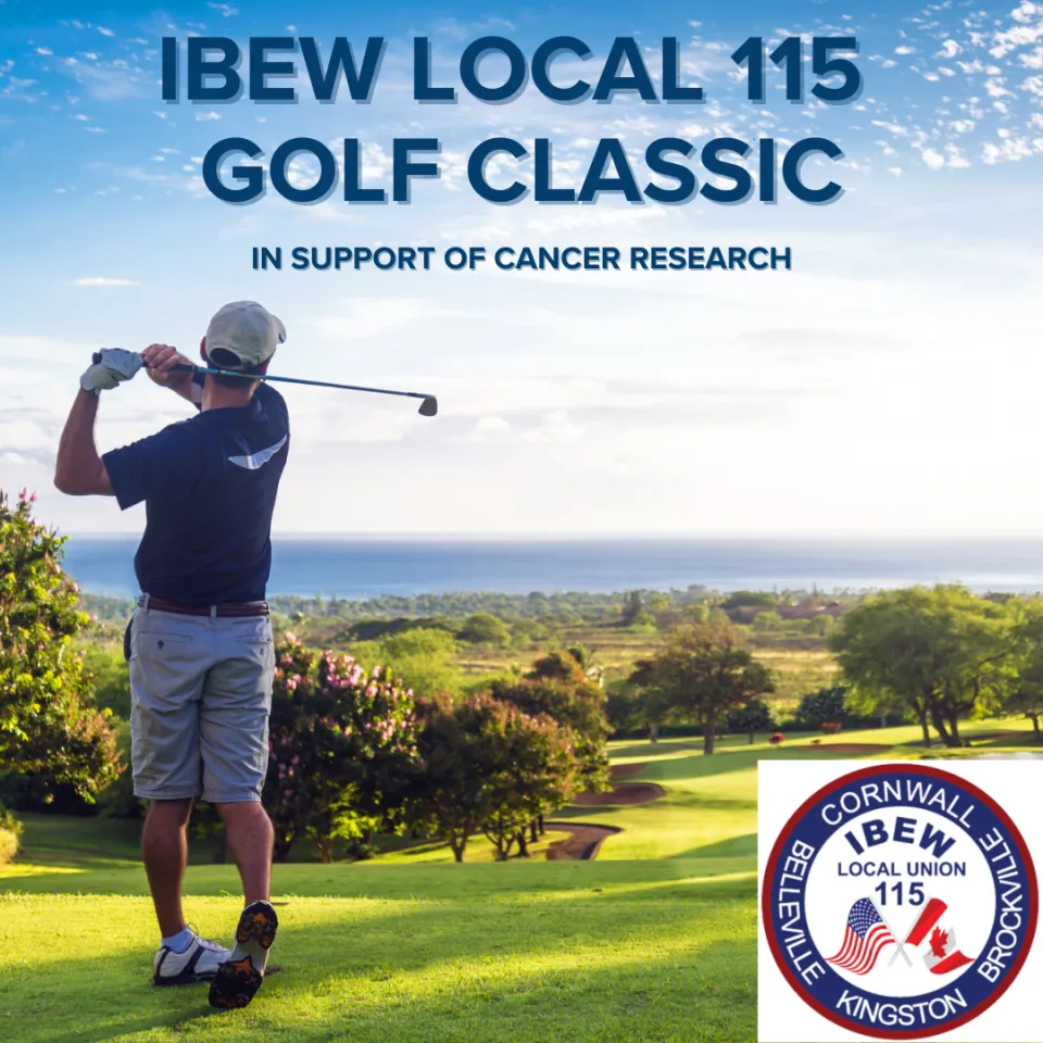 Promotional image for the IBEW Local 115 Golf Classic event. A man is pictured swinging a golf club.