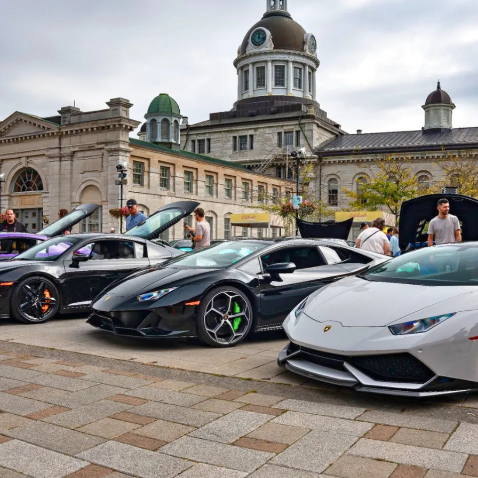 Exotic cars lined up in front of Kingston City Hall.