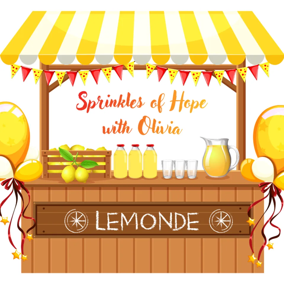 Cartoon graphic of a lemonade stand with the text: Sprinkles of Hope with Olivia.